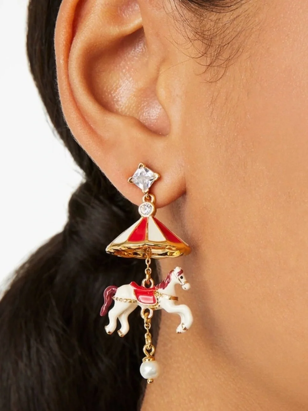 kate spade Enamel Carousel Horse Drop Earrings in Red, White & Gold